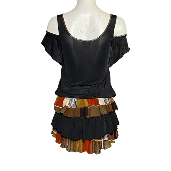 Roberto Just Cavalli Y2K Patchwork Ruffle Tiered Cold Shoulder Mini Dress Size M - Picture 3 of 10